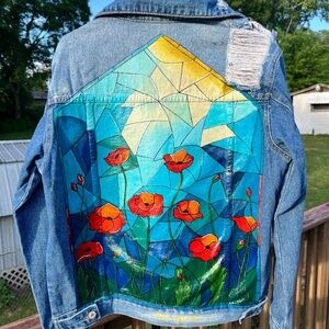 Oversized Poppy Stained Glads Window Jean Jacket, Hand Painted